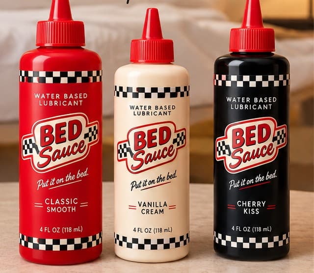 The three Bed Sauce squeeze bottles side by side