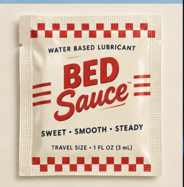 Cream Bed Sauce packet with red checkerboard bands, Sweet Smooth Steady