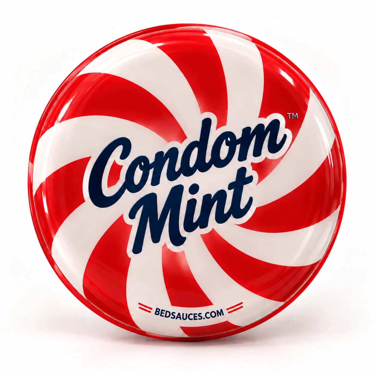 A Bed Sauce Condom Mint: a red and white peppermint swirl with the name in navy script